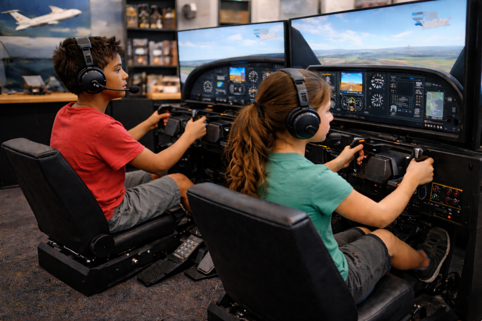 Two children, a boy and a girl, wearing headphones and seated in front of flight simulator controls with multiple screens displaying a sky and landscape scene.