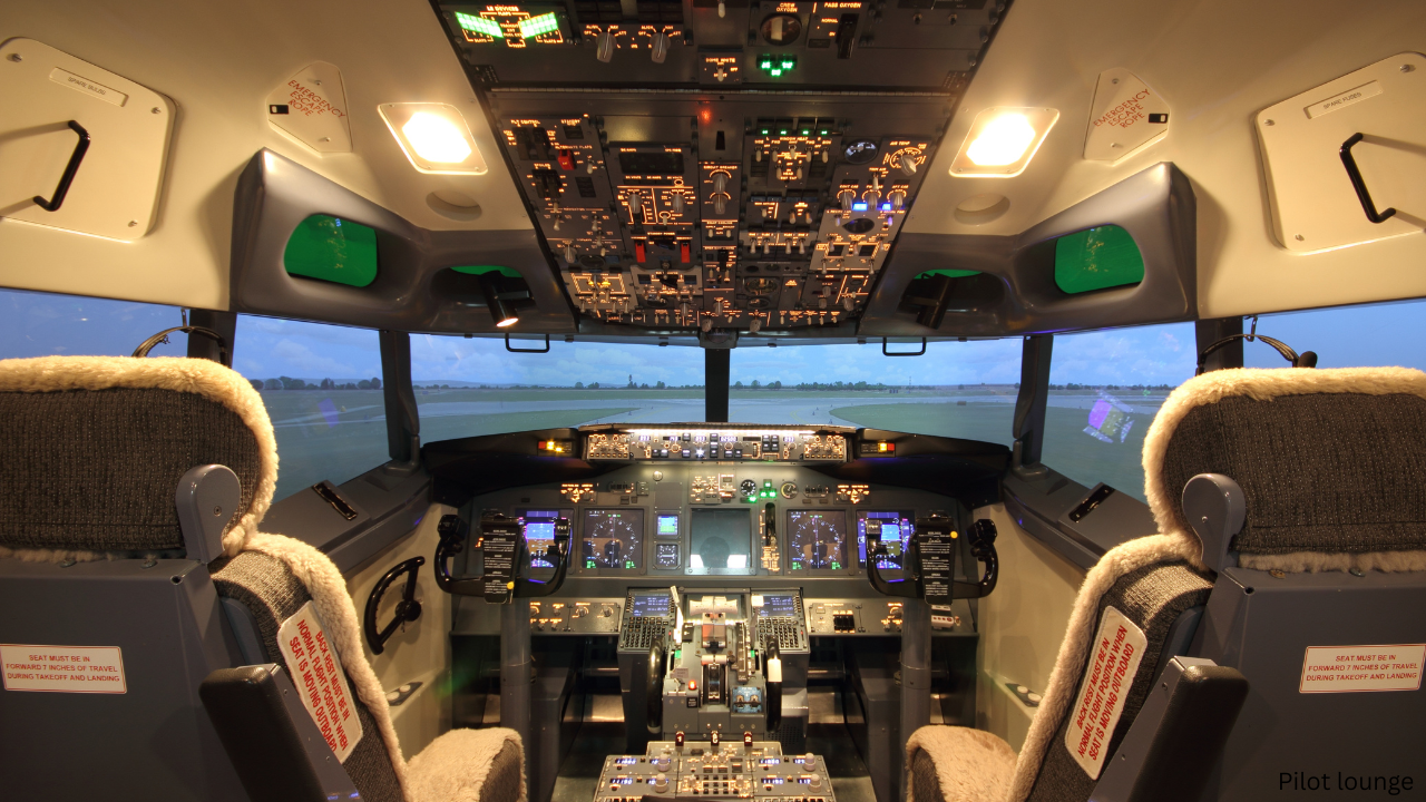 Inside the cockpit of an airplane with multiple control panels, screens, and buttons, as well as two pilot seats with sheepskin covers. Outside the cockpit windows, an airport runway and cloudy sky are visible.