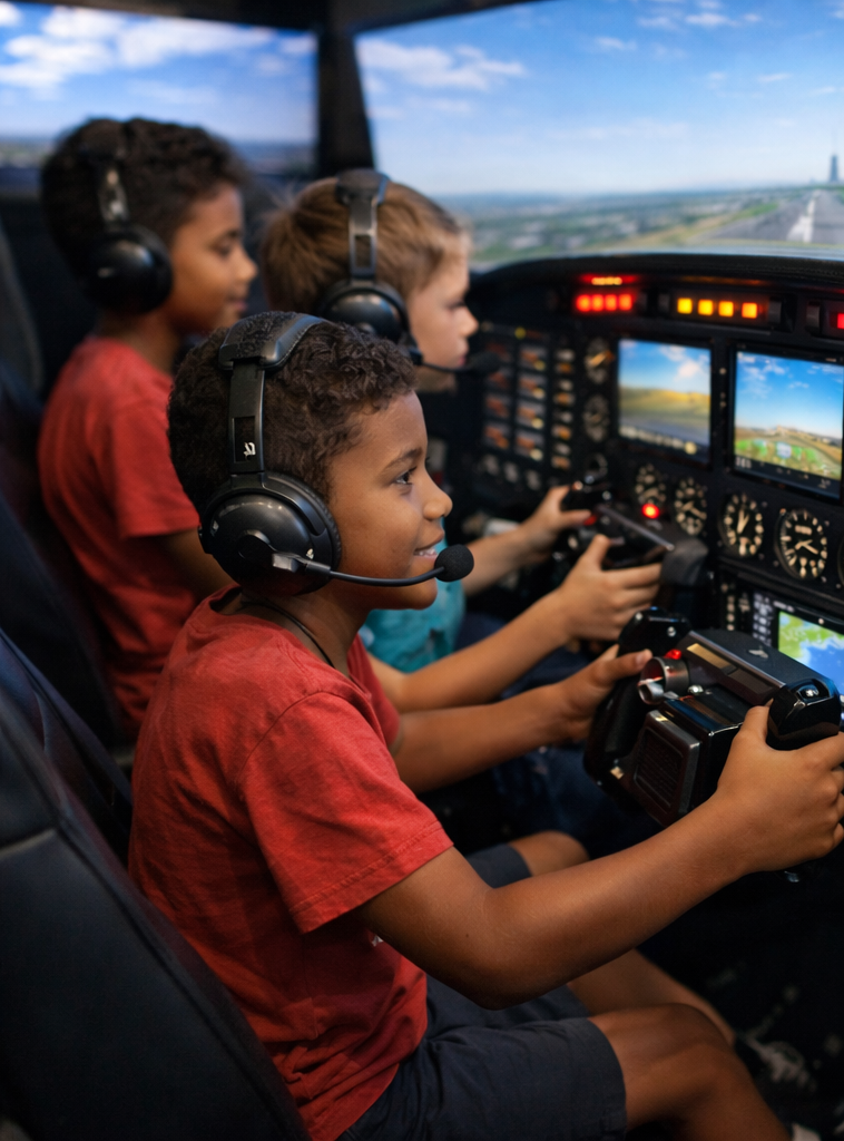 Children flying a flight simulator with headsets and controls on a cockpit setup.