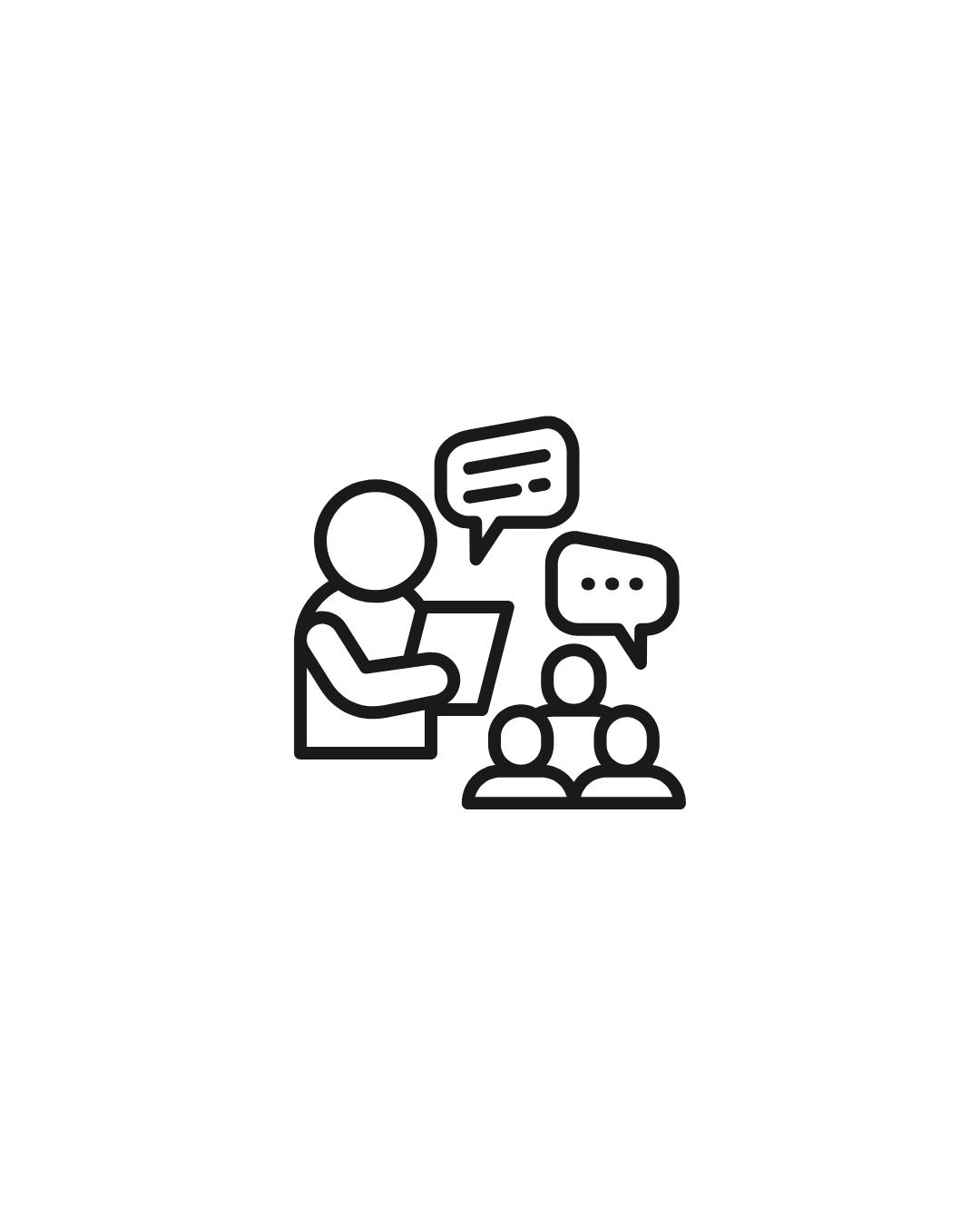 Line drawing of a person with a clipboard addressing two seated people, each with speech bubbles.