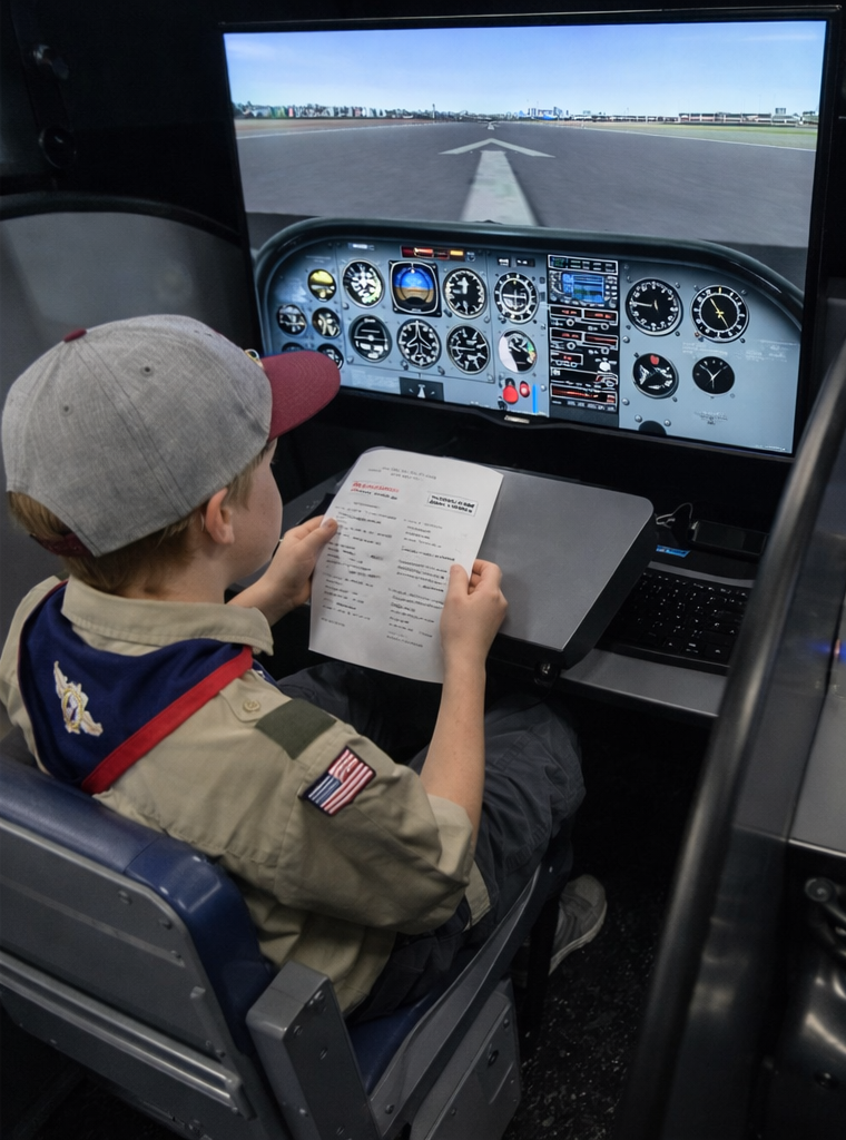 A young boy dressed as a Boy Scout sitting in a flight simulator cockpit, reading a checklist, with a large screen displaying an aircraft cockpit dashboard.