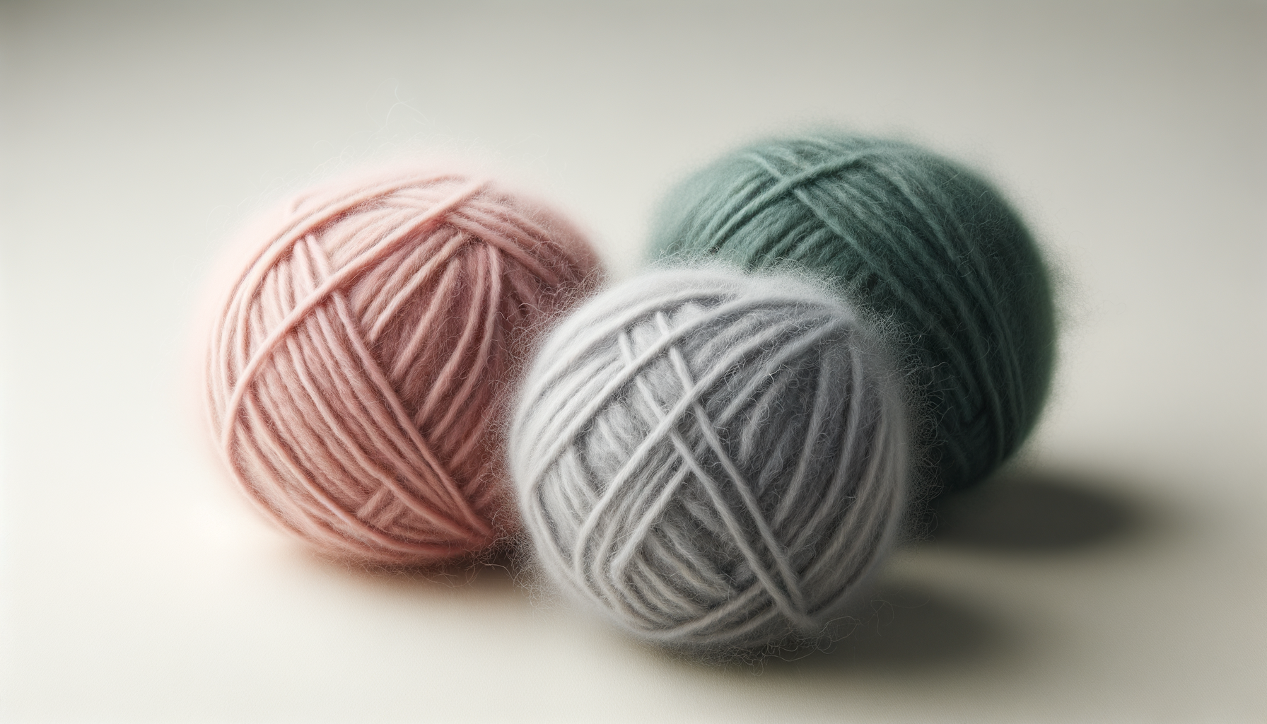 Three balls of yarn in pink, white, and green on a light surface