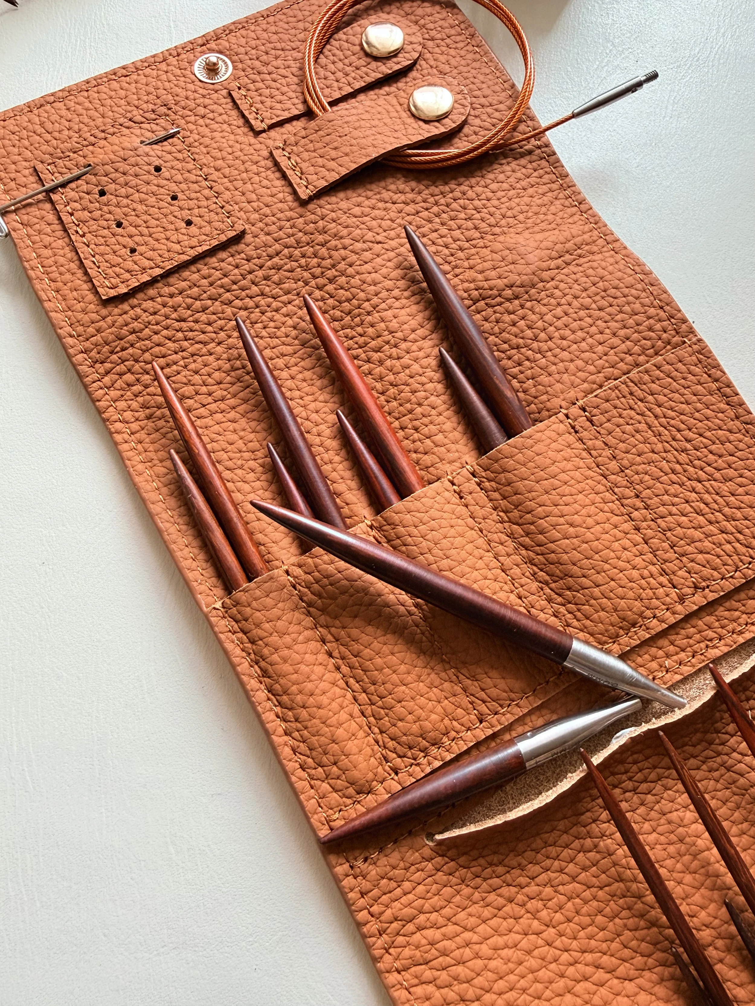 Mini Red Pearwood Interchangeable Circular Needles Set with Leather Case