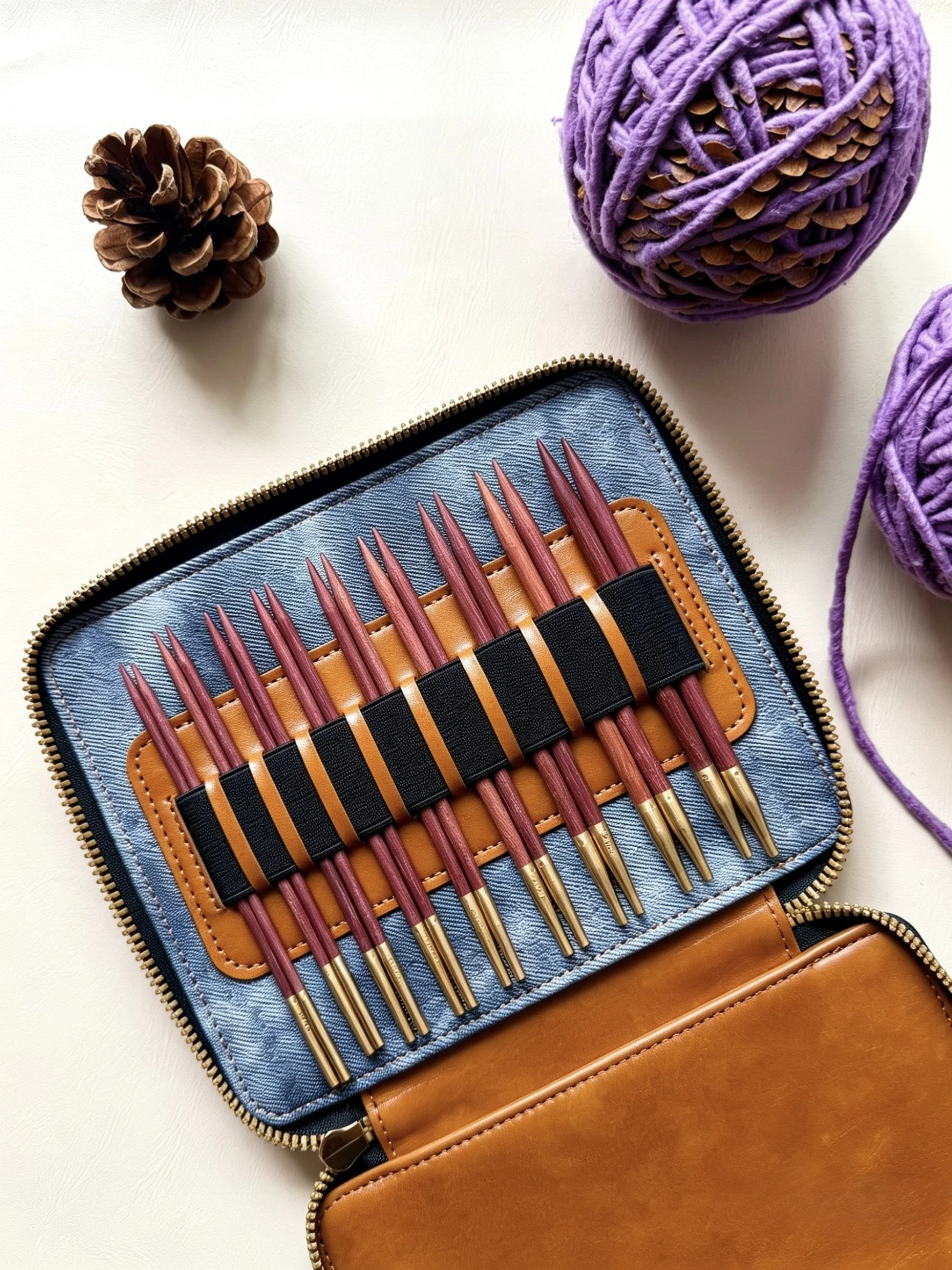 A container of purple yarn, a brown pinecone, and a set of red and gold knitting needles in a leather case on a white surface.