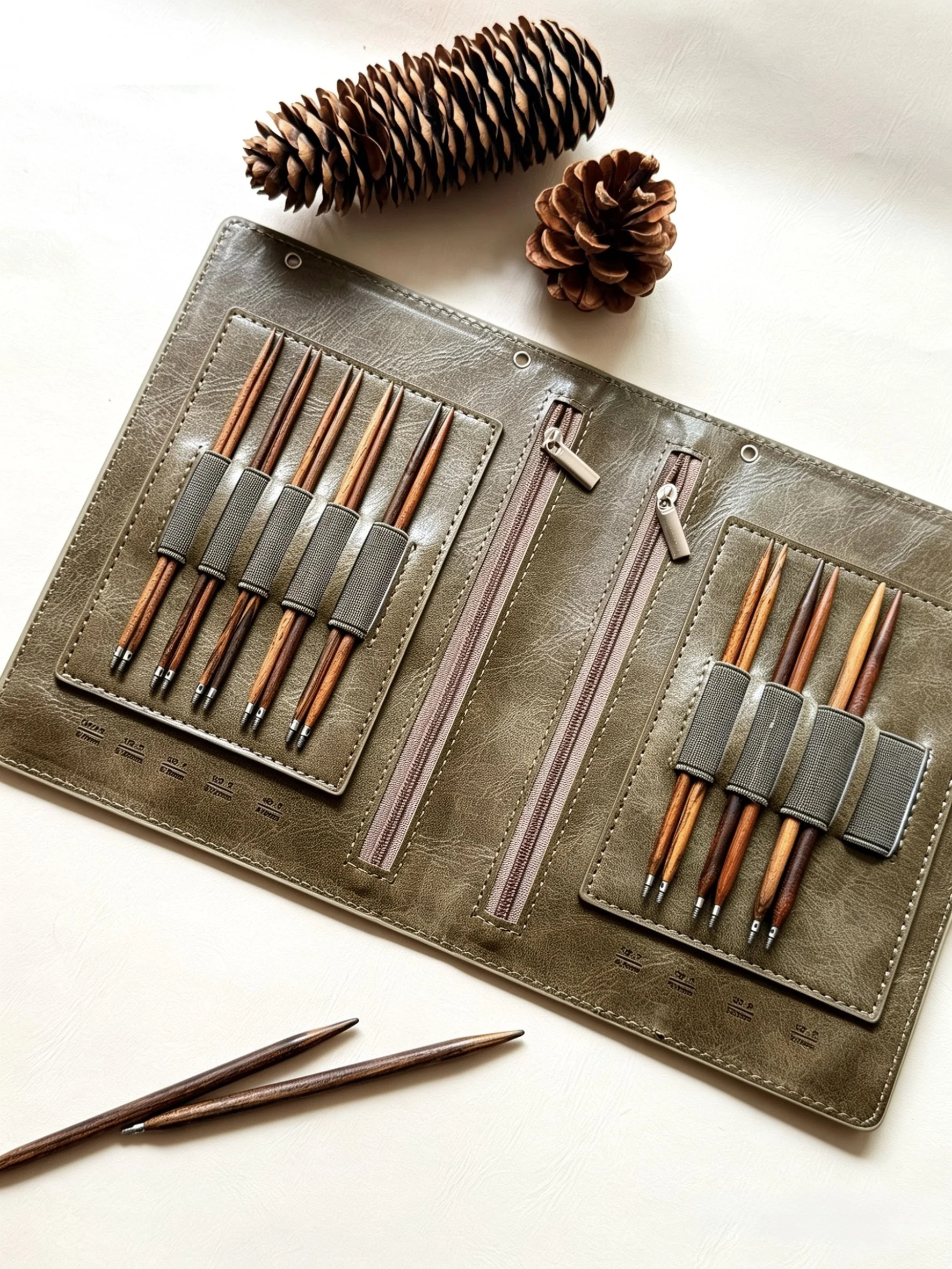 A leather case holding wooden knitting needles and two zipper compartments, with two pinecones on a white surface.