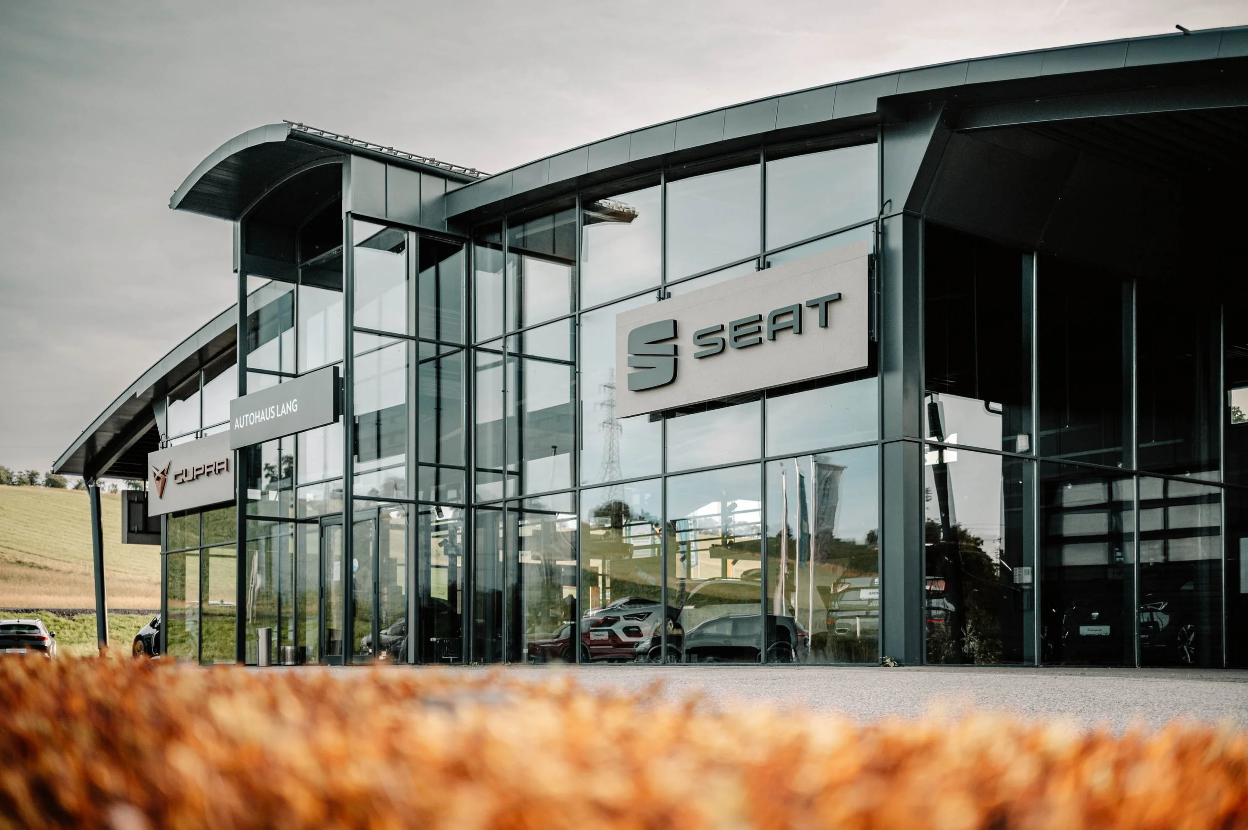 Moderne Autohandelsfirma mit gläsernem Gebäude, LEER in der Auffahrt, mit SEAT-Logo und anderen Markenbeschilderungen auf der Fassade.
