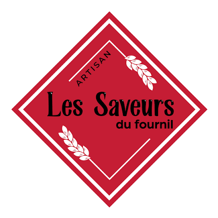 Logo rouge avec texte 'Les Saveurs du fournil' et 'Artisan' avec éléments de feuilles