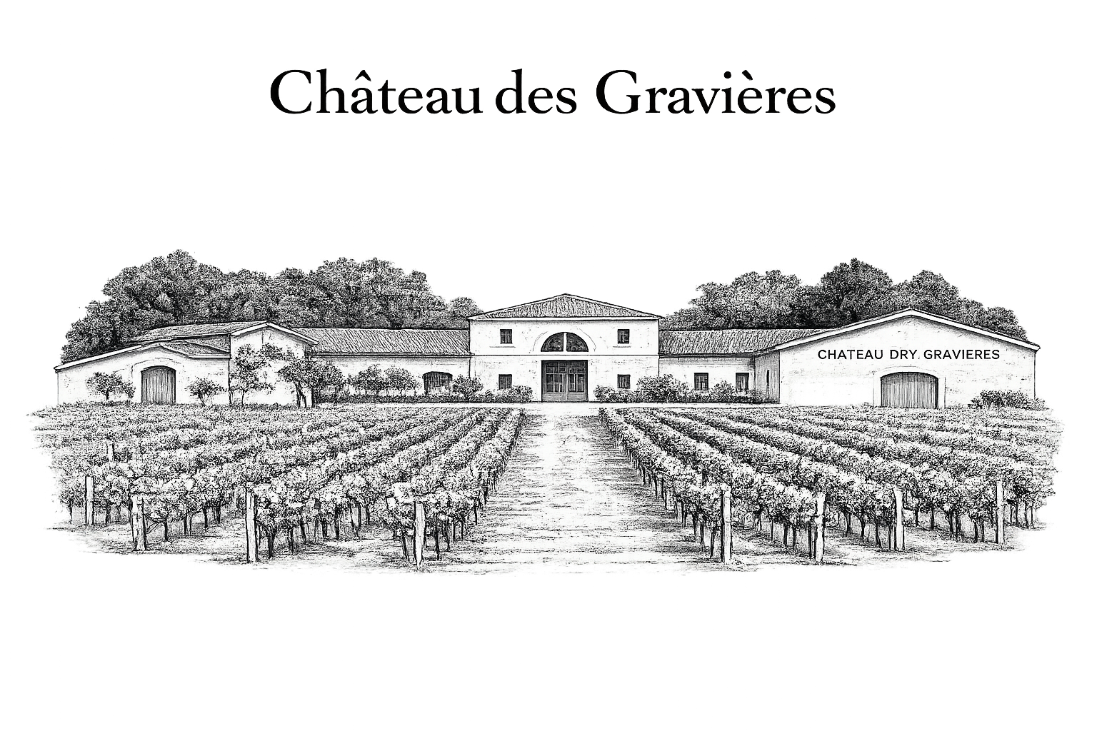 Vue d'un vignoble avec un bâtiment de style château en arrière-plan, portant l'inscription 'Chateau Dry Gravières', entouré de rangées de vignes et d'arbres en arrière-plan.