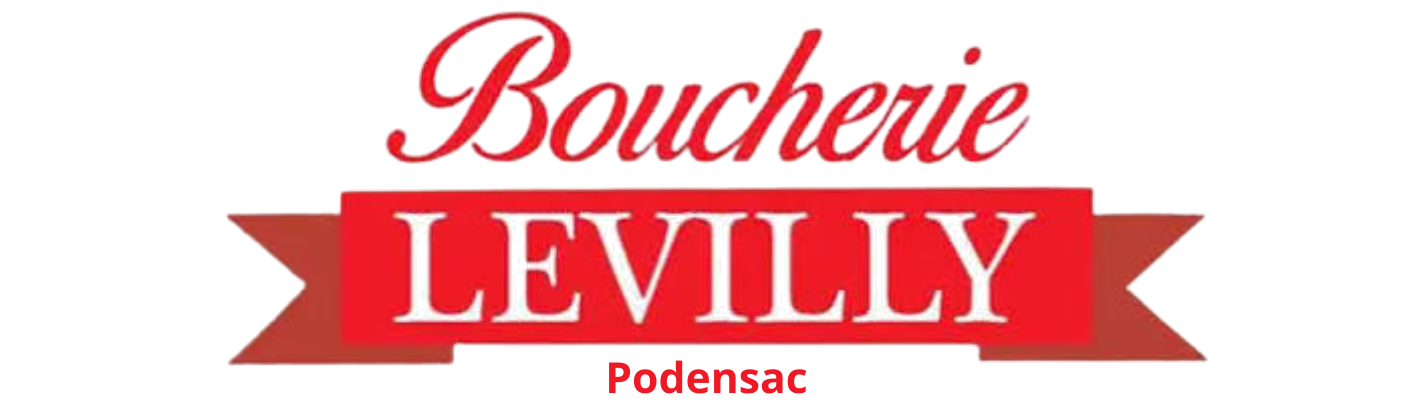 Logo de la Boucherie Le Villy, une enseigne de boucherie, avec le nom en lettres rouges et blanches sur un fond rouge et une bannière rouge