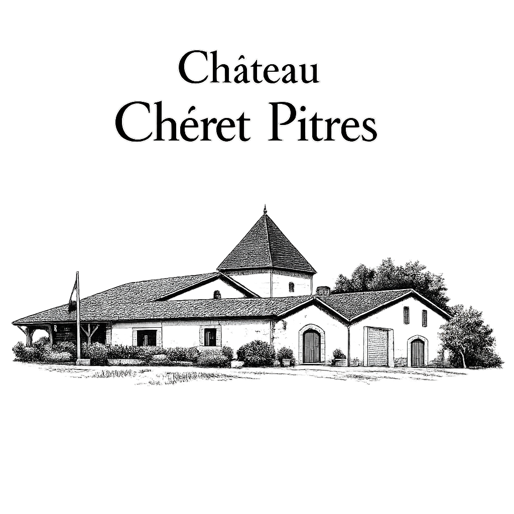 Une illustration en noir et blanc d'un château nommé Château Chéret PItres, avec un bâtiment en pierre à toit en pente, entouré d'arbres et de buissons.