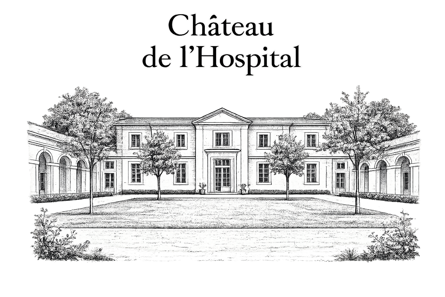 Illustration en noir et blanc d'un château avec des arbres dans une cour intérieure, intitulée « Château de l'Hospital ».