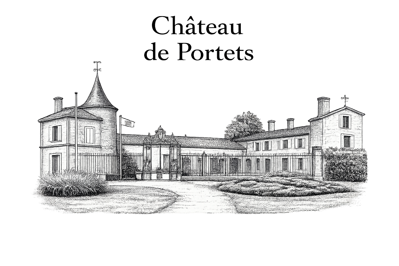 Illustration d'un bâtiment ancien avec un portail en fer forgé, entouré de pelouses et d'arbres, en style dessin noir et blanc.