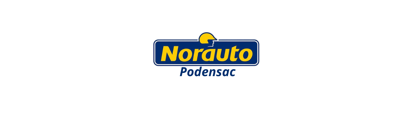 Logo de Norauto avec un œil de phare intégré au design et le texte 'Podensac' en dessous.