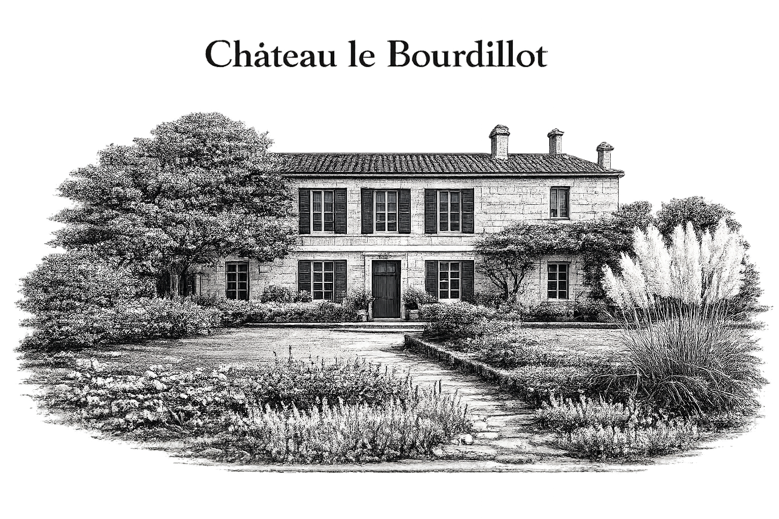 Un dessin en noir et blanc d'un château appelé Château le Bourdillot, entouré d'un jardin avec des arbres, des buissons et une allée. Le texte "Château le Bourdillot" est affiché en haut.