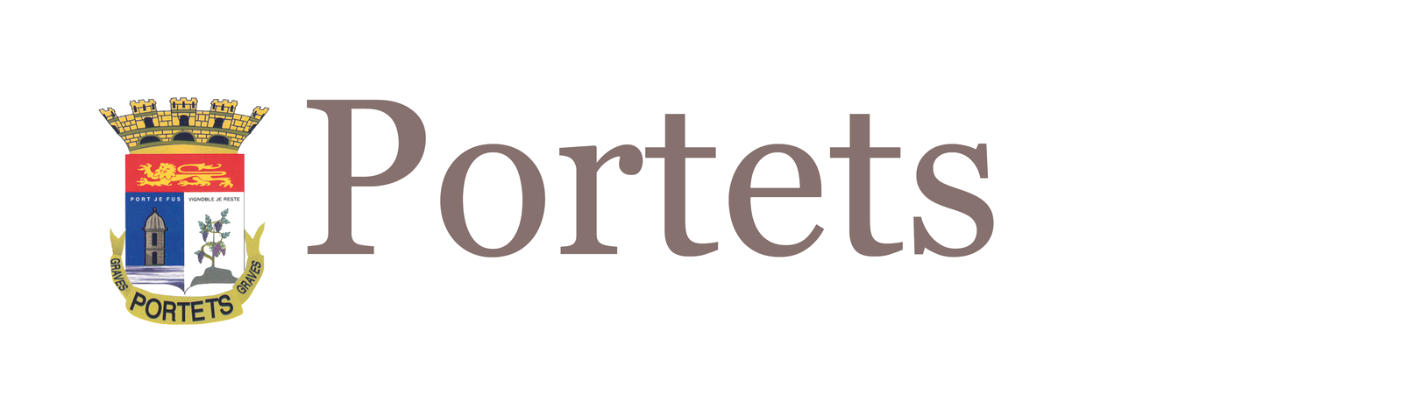 Logo de la ville de Portets, avec un écusson comportant une tour, un lion de profil, deux chiffres 1 et 9, et un arbre, sur fond blanc et jaune.