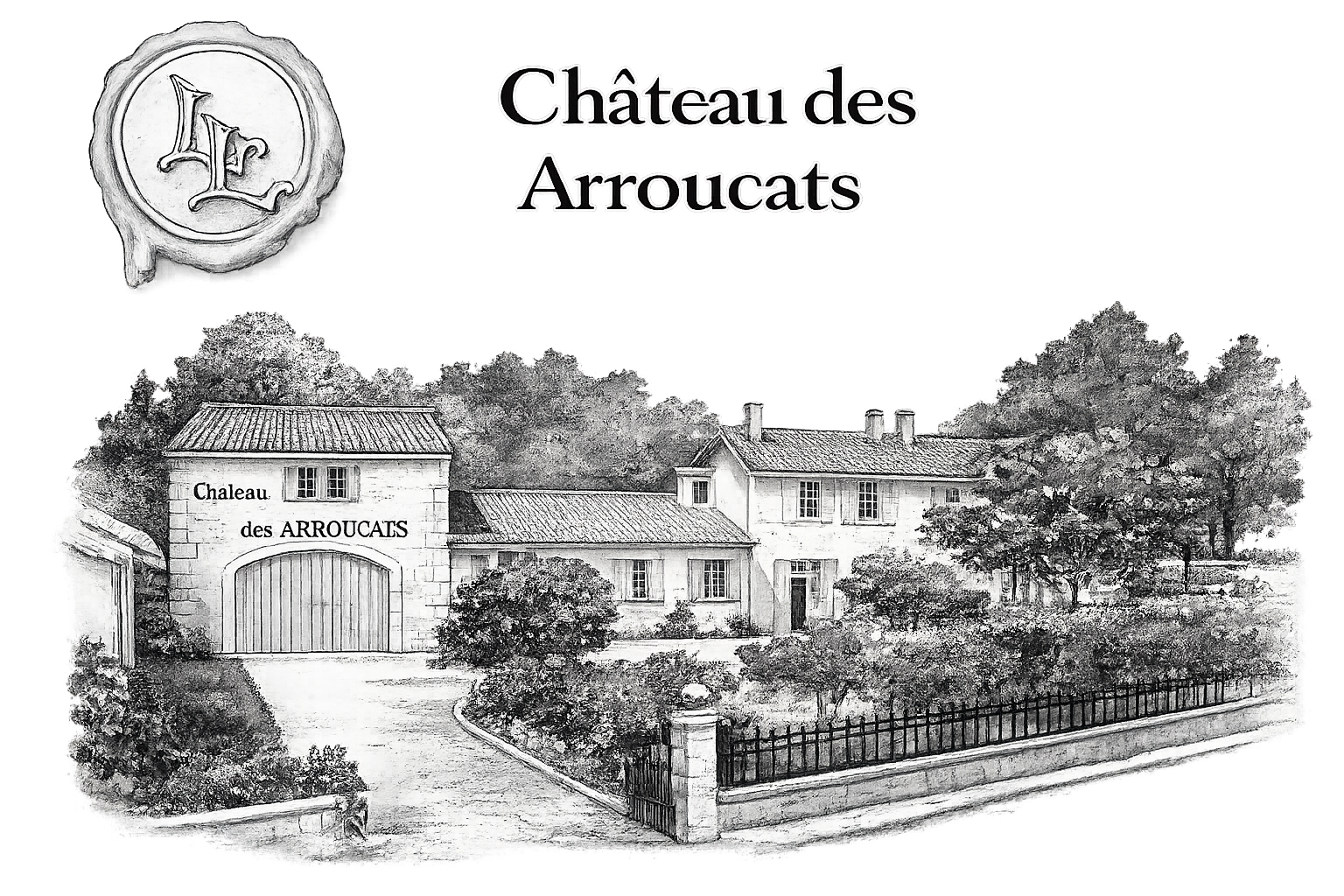 Illustration en noir et blanc d'un château et d'une entrée, avec le texte 'Château des Arroucats' en haut et sur la porte d'entrée.