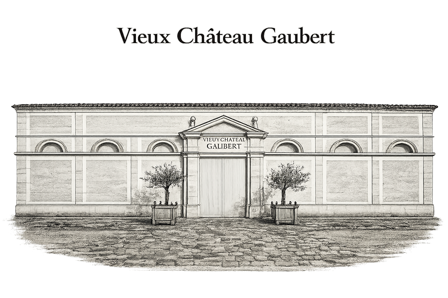 Une illustration en noir et blanc d'un vieux château appelé Château Gaubert, avec deux arbres en pots devant l'entrée.