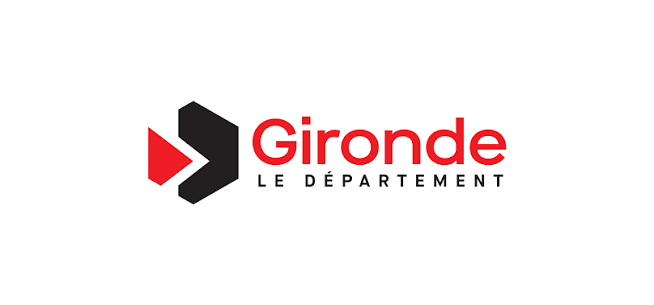 Logo du département Gironde avec un symbole de flèche rouge et gris et le texte 'Gironde Le Département' en rouge et noir.