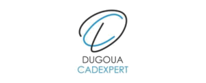 Logo avec un symbole en forme de lettre 'D' entourée d'une ligne épurée, et le texte 'DUGOUA J'CADEXPERT' en dessous.