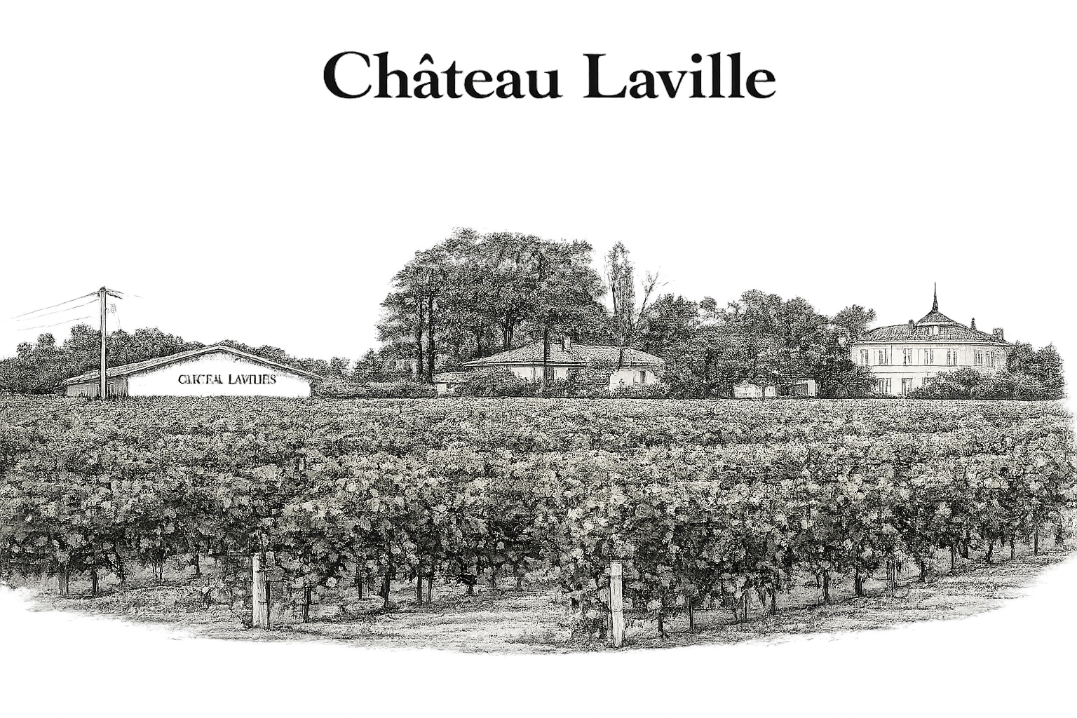 Photo en noir et blanc d'un vignoble avec une maison et un bâtiment représentant un château, entourés d'arbres, avec le texte 'Château Laville' en haut.