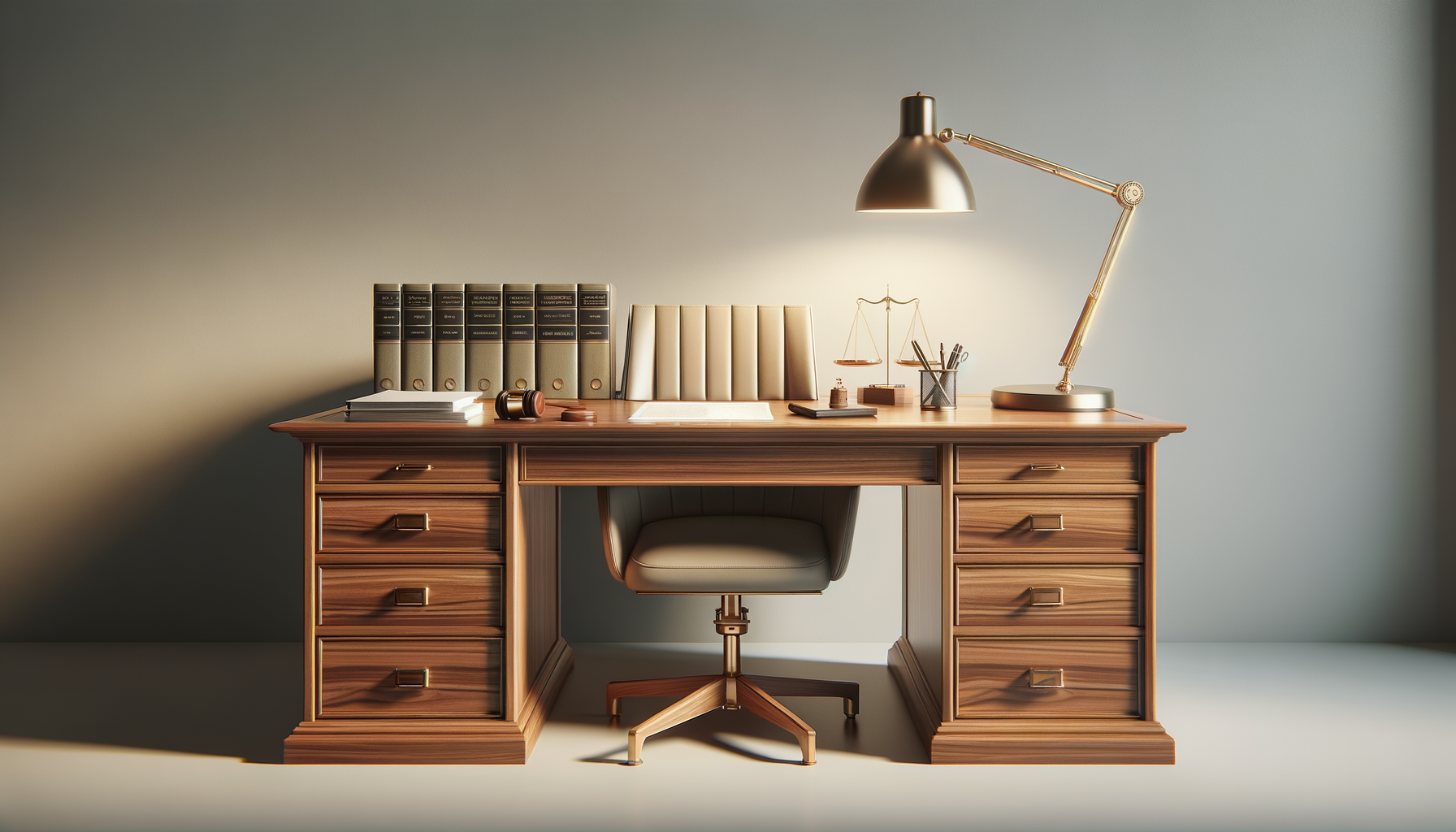An elegant wooden desk with files, a gavel, a scale, writing utensils, and a gold desk lamp in a minimalist office setting.