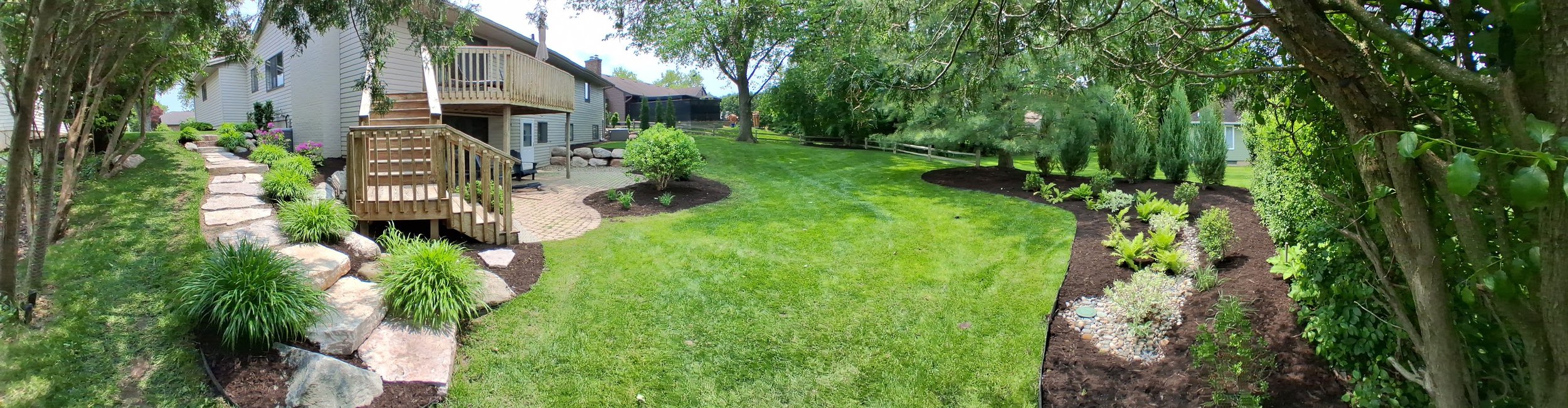 A well-maintained backyard with a lush green lawn, landscaped garden beds with various plants, trees, and shrubs, a stone pathway, and a wooden deck attached to a house.