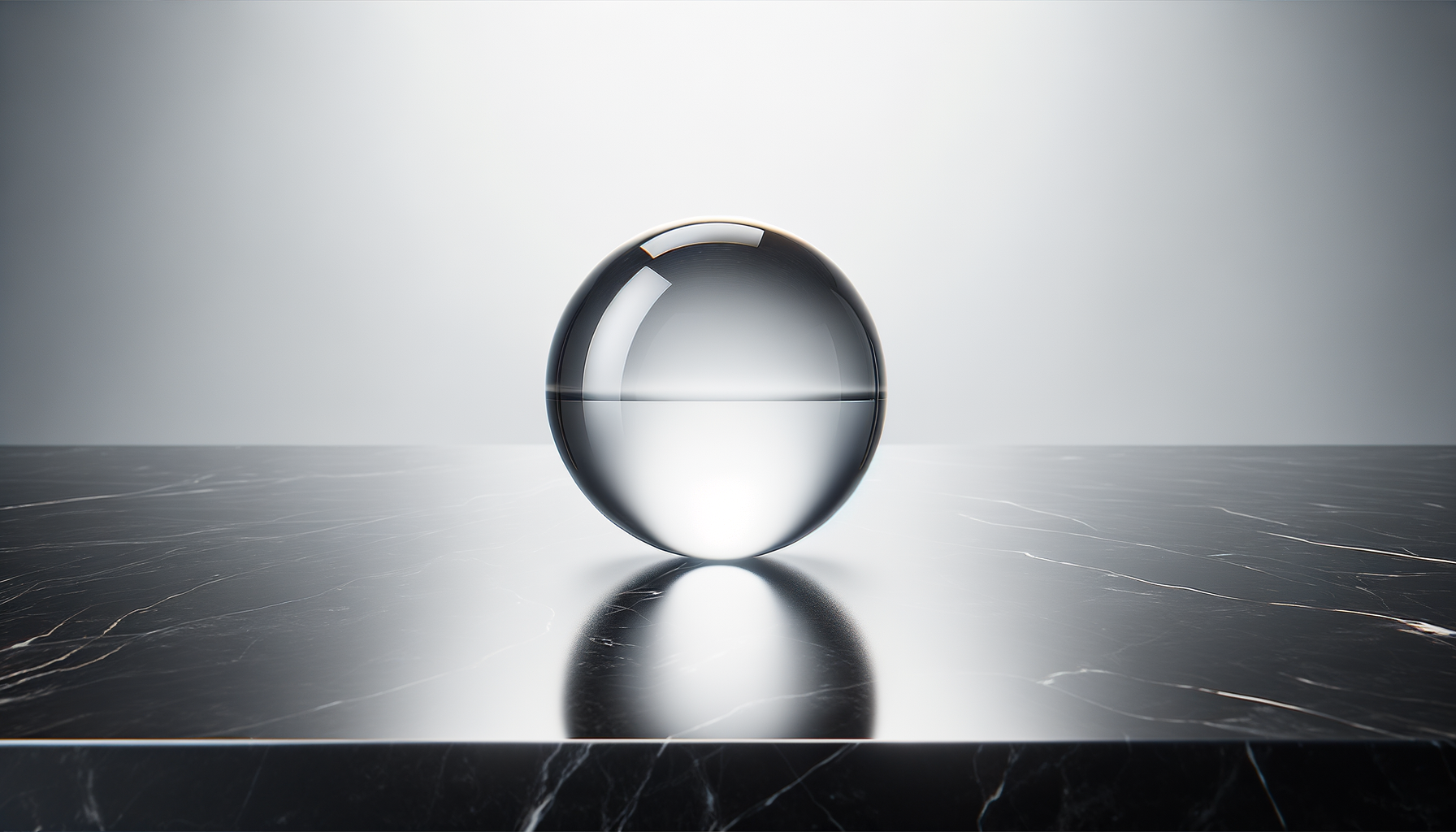 A transparent glass sphere resting on a black marble surface, reflecting light against a gradient gray background.