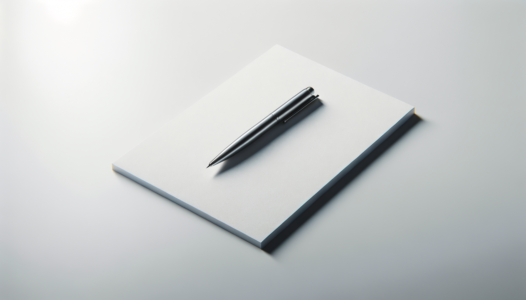 A silver pen resting on a white notepad on a white surface.
