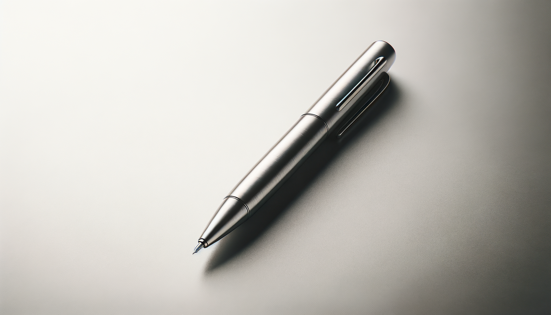 A sleek, metallic silver pen lying on a light grey surface.