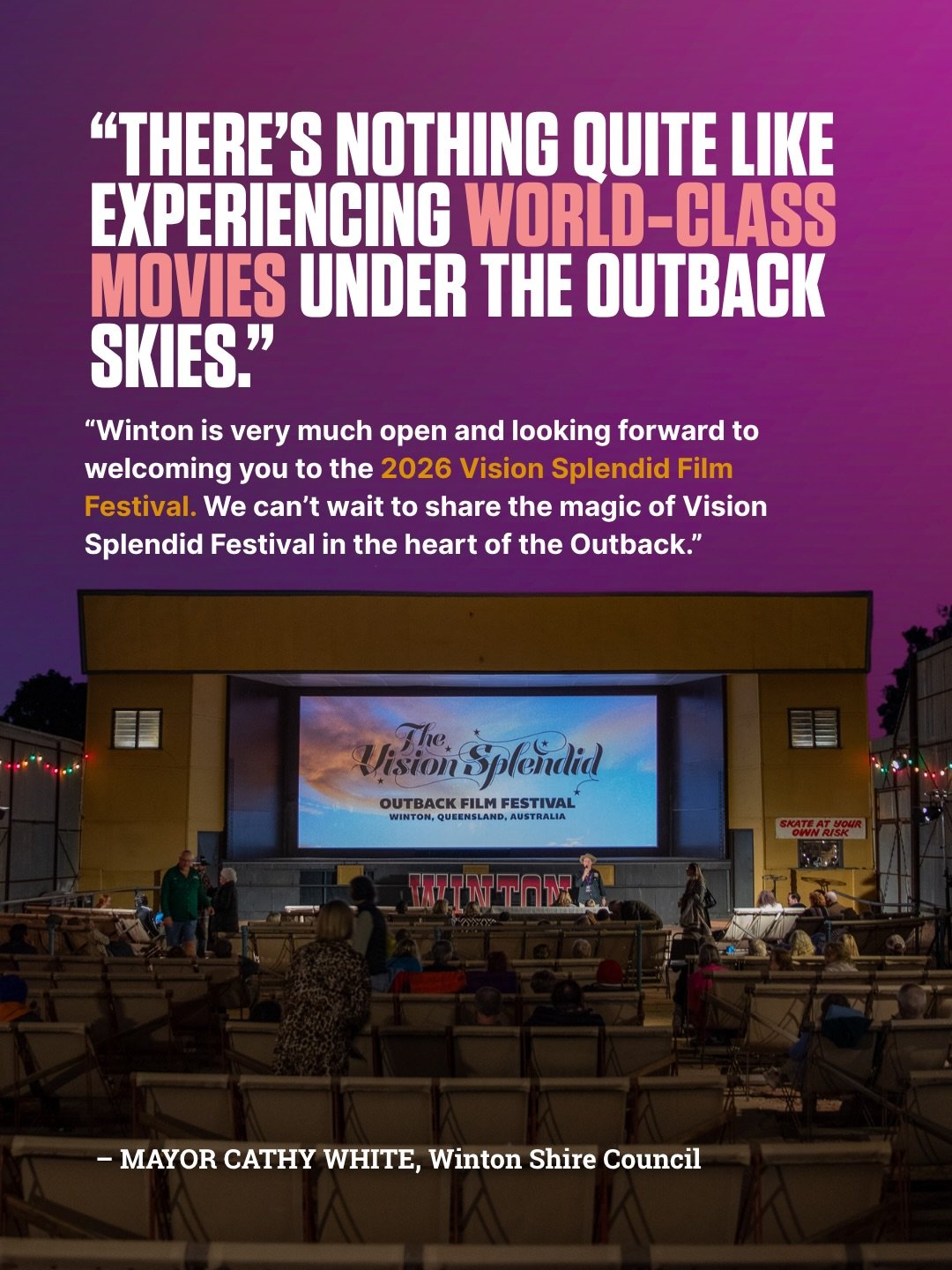 The outback is open and we can&rsquo;t wait to welcome you 🚗👐

As Mayor Cathy White shared, there&rsquo;s nothing like experiencing world-class films under outback skies, and we&rsquo;re gearing up to do it all again for Vision Splendid 2026.

Your