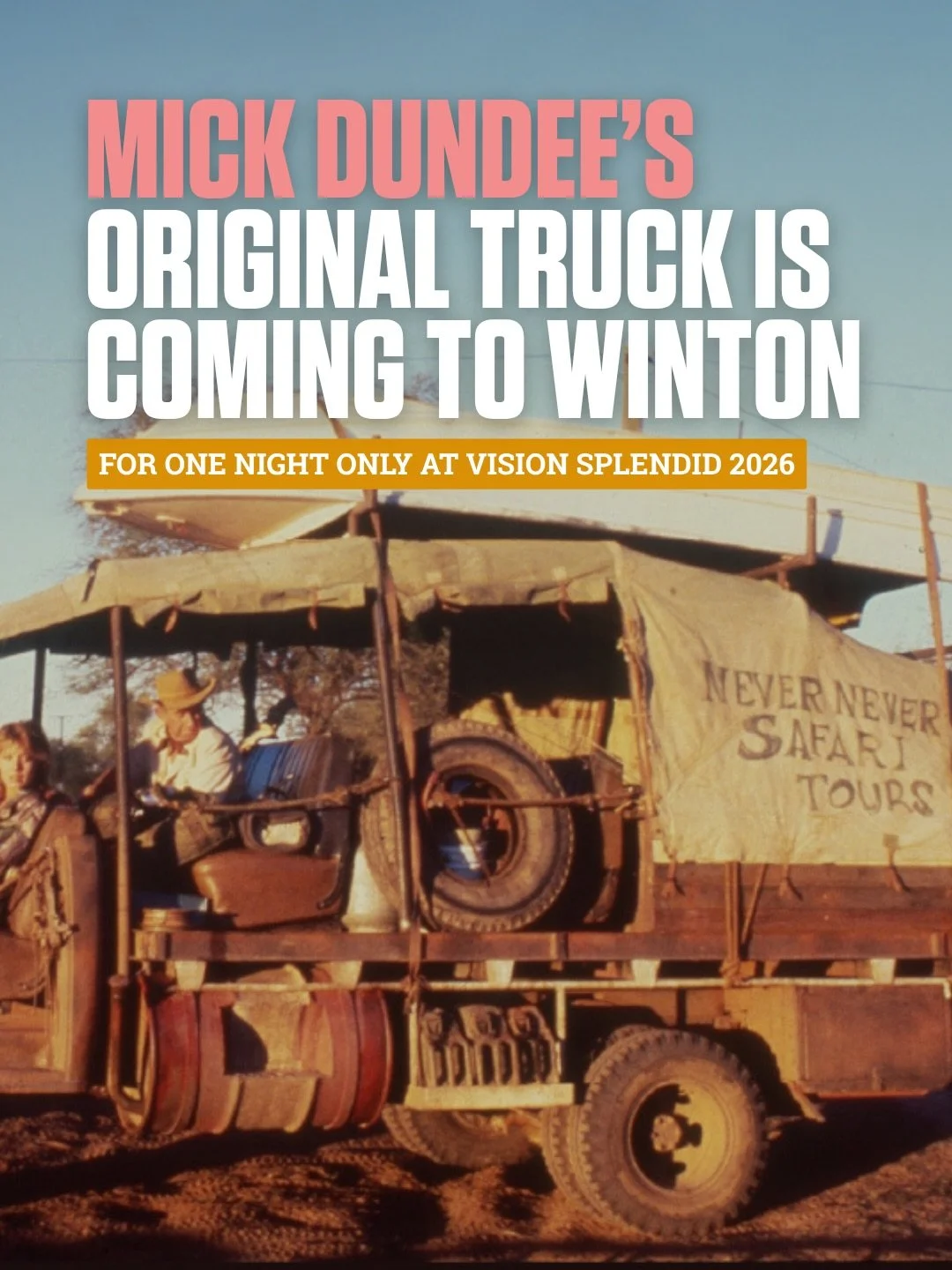 In case you missed it: An iconic piece of Australian film history is heading to Winton 🐊🎬

As part of the 40th anniversary celebrations of @crocodiledundeeofficial, the original Mick Dundee truck will make a special appearance at Vision Splendid fo