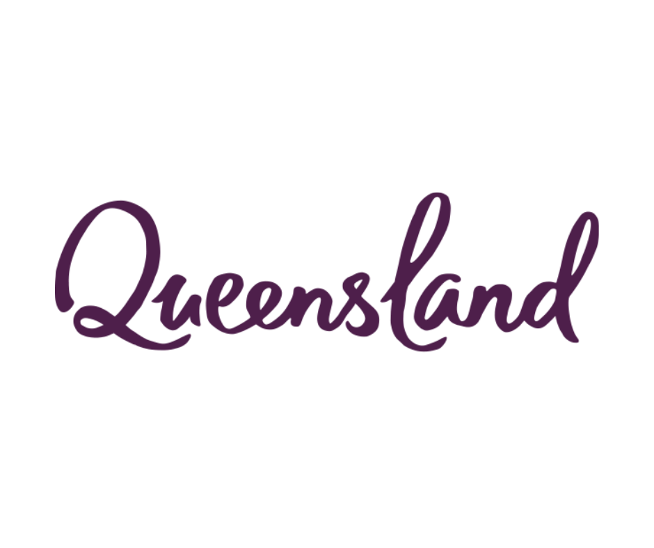 Text reading 'Queensland' in purple cursive font on a black background.