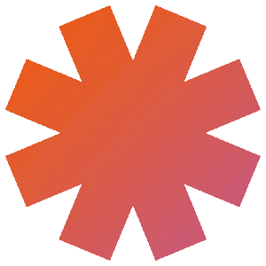 A circular design with multiple orange and pink geometric segments forming a starburst pattern.