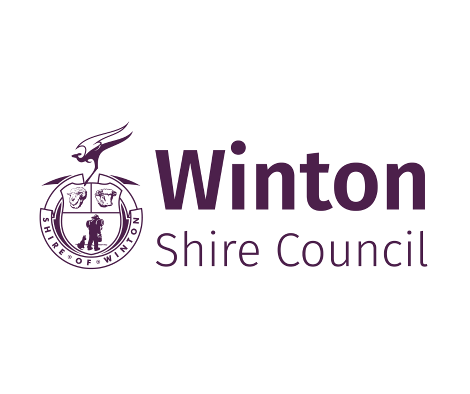Winton Shire Council logo featuring a stylized bird, shields, and native animals, with purple text.