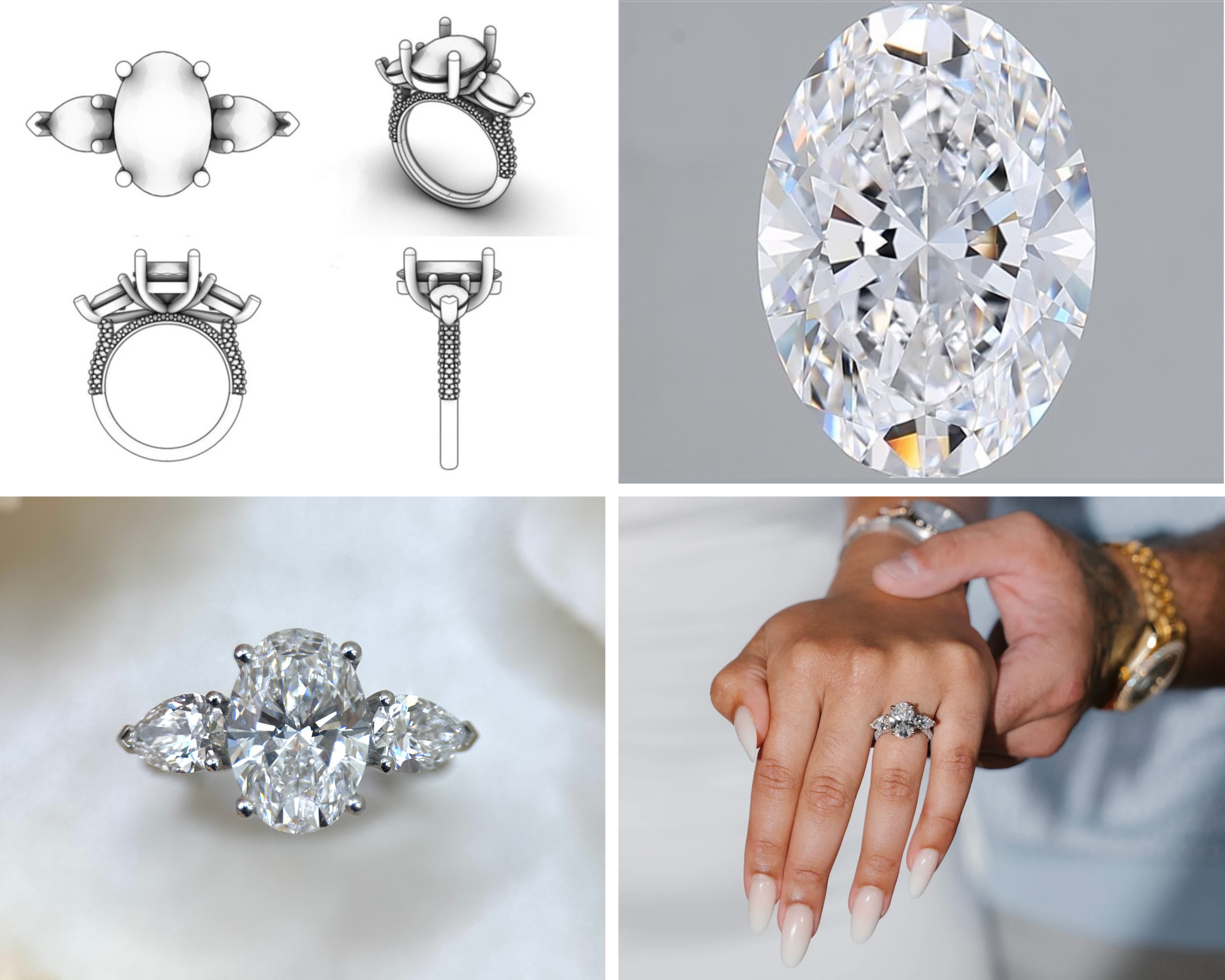 Sequence of images showing a diamond ring design, a close-up of a diamond, and a person wearing the ring on their finger.