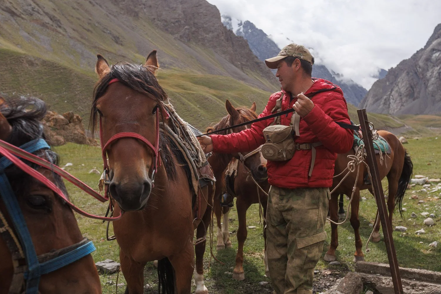 Group of tourists who have just completed a snow leopard wildlife tour and conservation expedition in Tien Shan mountains in Kyrgyzstan
