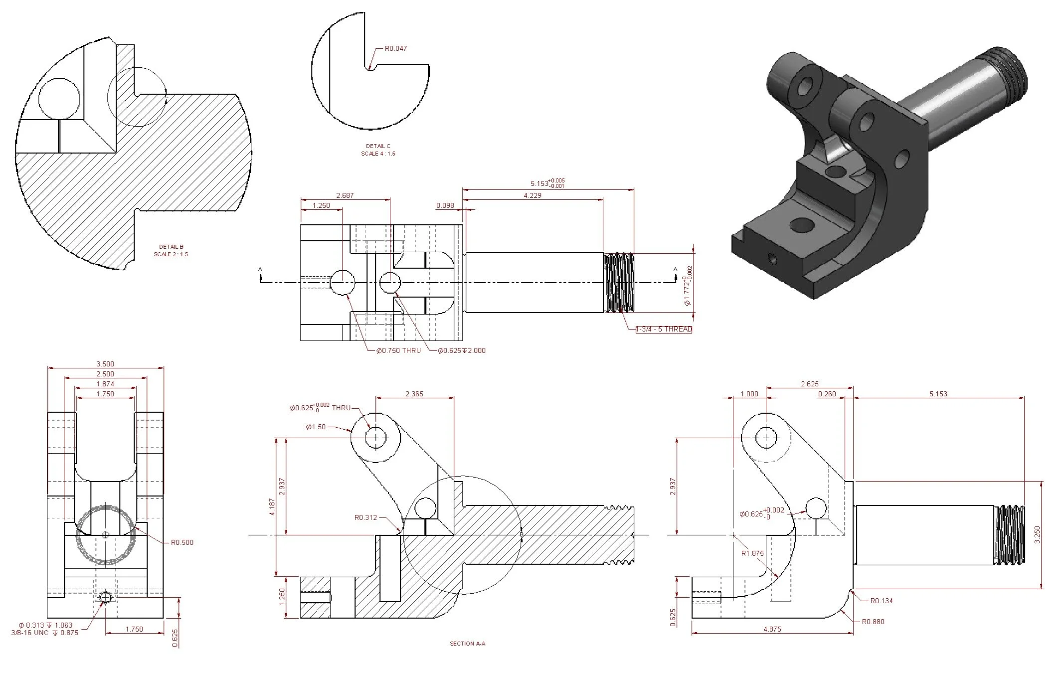 Technical manufacturing drawing of part. Accurate tolerance and dimensions
