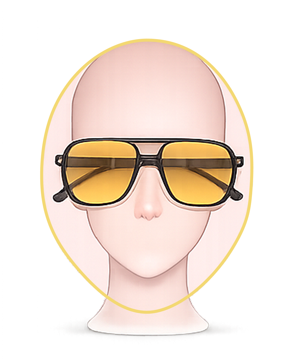 Ilustração de uma figura humana de cabeça calva, sem detalhes de cabelo, usando óculos de sol com lentes amarelas. Fundo branco com contorno oval dourado.