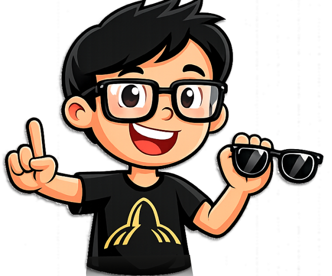 Ilustração de um menino com óculos, cabelo preto e cabelo despenteado, sorrindo, segurando um par de óculos de sol e fazendo um gesto de polegar para cima.