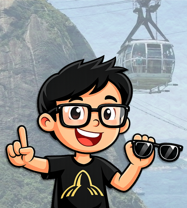 Personagem de desenho animado com óculos, cabelo preto e camiseta preta, segurando óculos de sol, com um fundo de teleférico e montanhas.