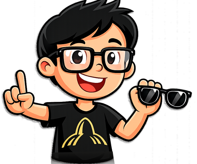 Personagem cartoon de um menino com óculos, cabelo preto, sorrindo, segurando um par de óculos escuros, usando uma camiseta preta com um logo amarelo