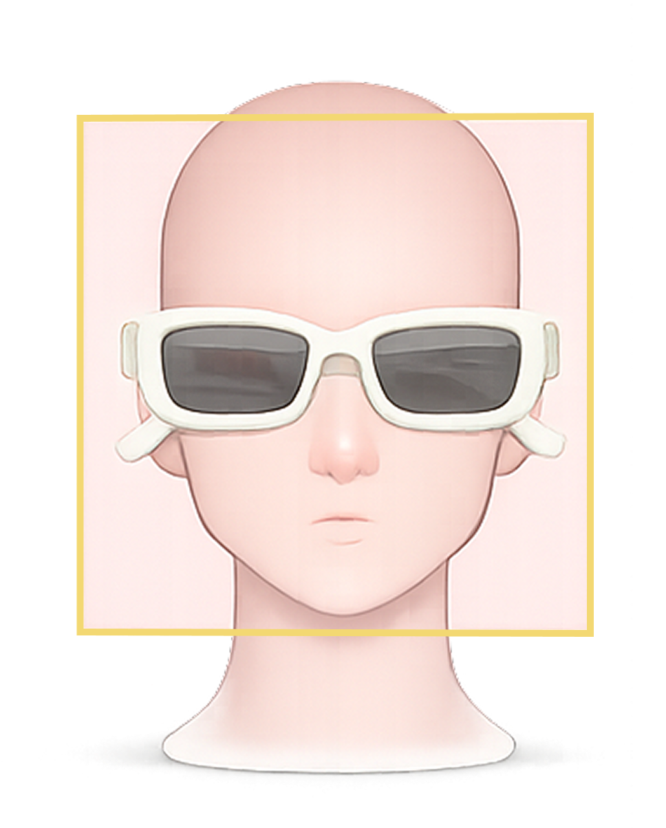 Desenho de uma cabeça sem cabelos com óculos brancos de armação grossa e lentes escuras, fundo claro.