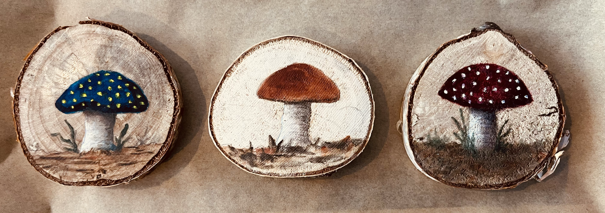 Decorative wood slices with painted mushroom designs, arranged in a row on a flat surface.