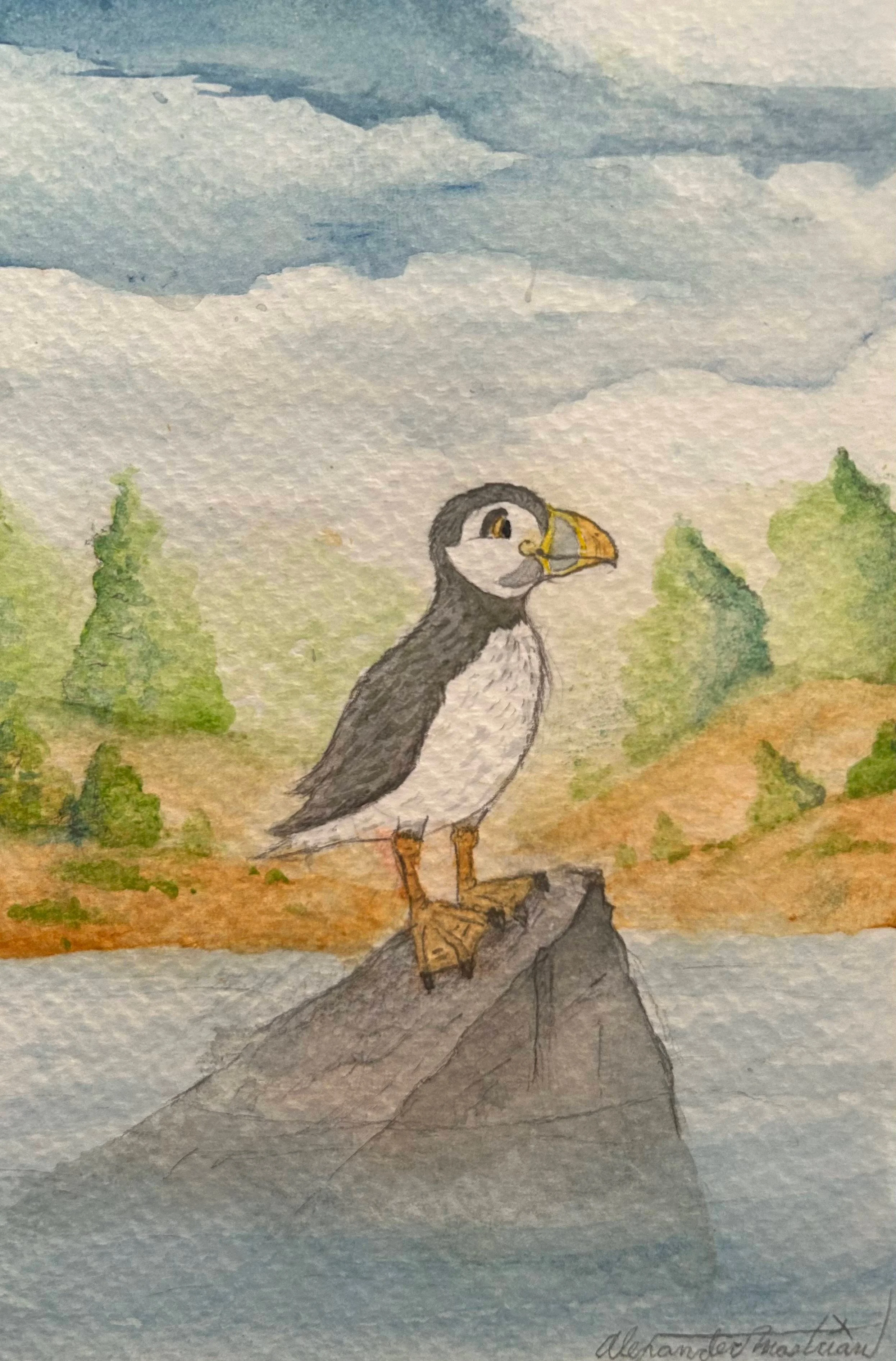 Lone-Puffin-On-A-Rock-Maine-Watercolor-Acrylic-Mixed-Media-©Alexander-Mastrian-2026-All-Rights-Reserved-Do-Not-Copy-Alter-Redistribute-without-Permission.JPG