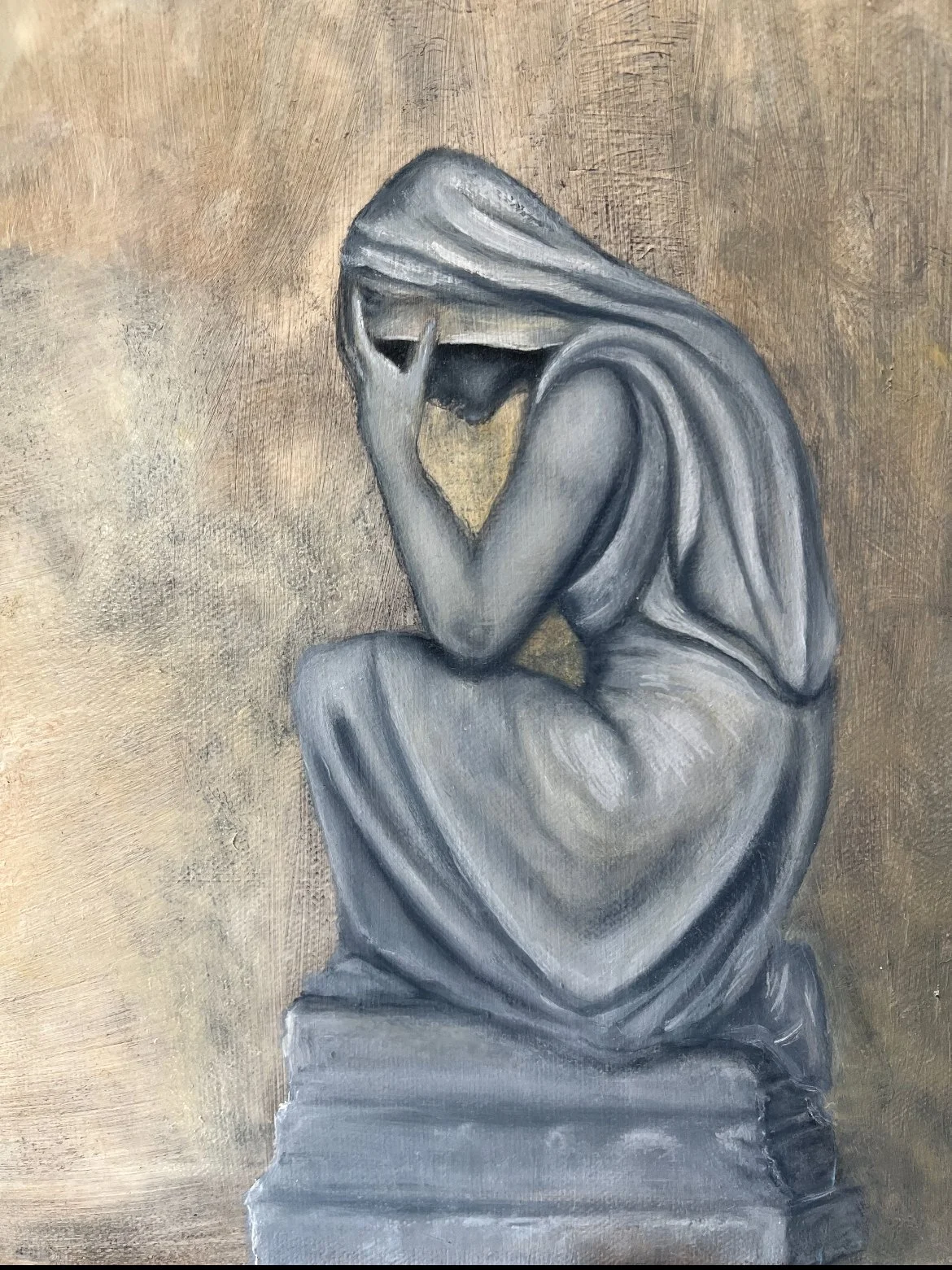 A monochromatic painting of a seated woman with her head resting in her hand. The woman is painted in shades of gray against a textured, warm brown background.