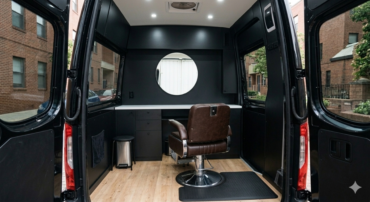 Interior of a mobile hair salon van with a styling chair, mirror, and workspace.