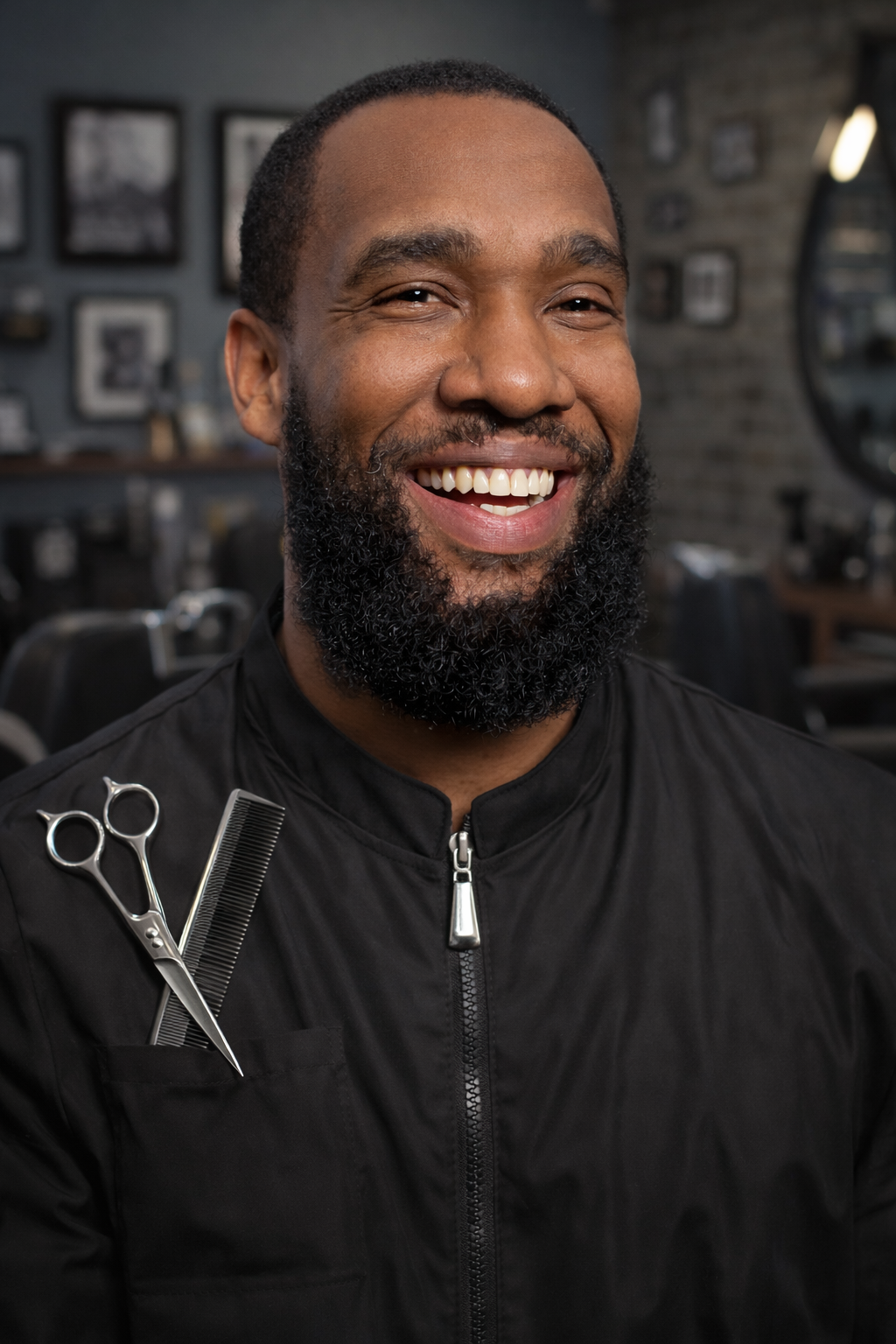 A smiling African American male barber with a neatly trimmed beard, wearing a black barber jacket with hair scissors and a comb in the pocket, inside a barber shop with framed pictures and hair tools in the background.