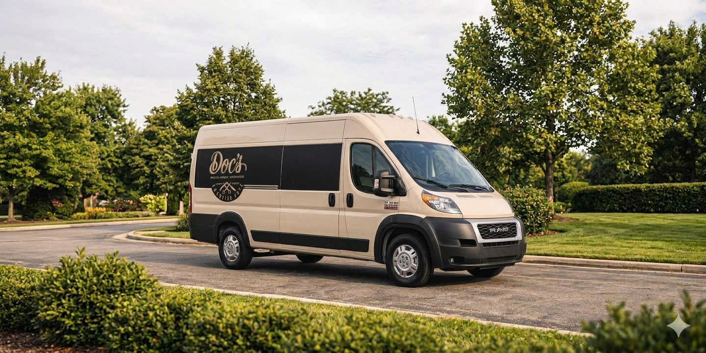 A beige delivery van parked on a suburban street with lush green trees and grass in the background.