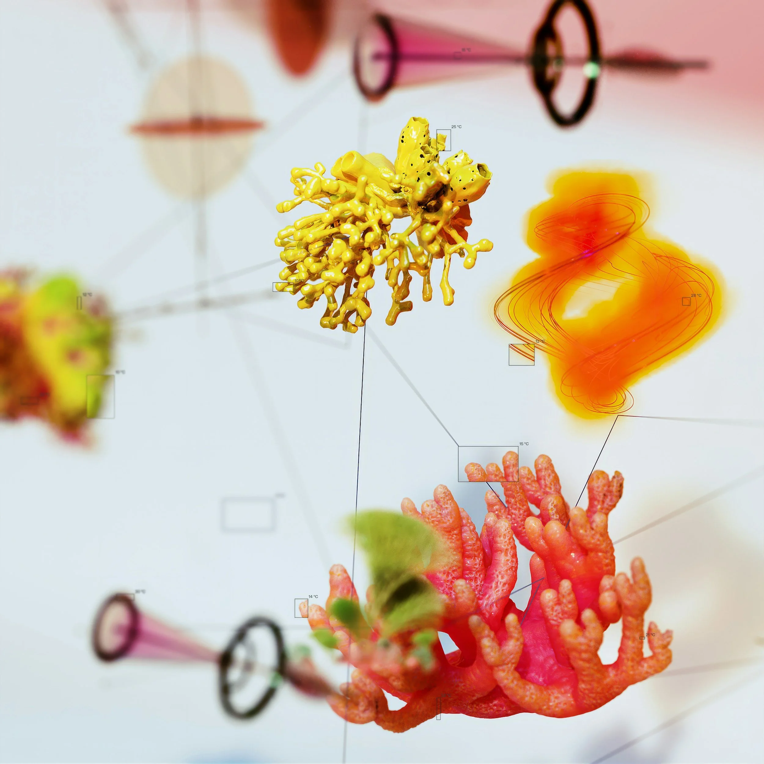 3D visualization of biological structures, including a yellow cluster, a pink coral-like structure, and an orange shape, with temperature markers and connecting lines
