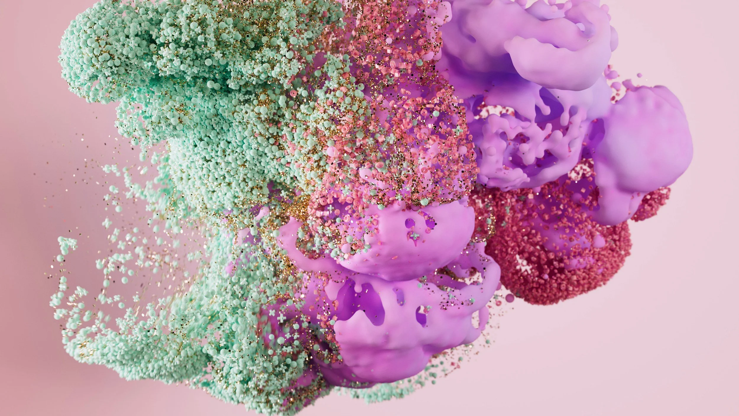 Abstract digital art with pink, purple, mint green, and red blobs and fine glitter-like particles against a pink background.